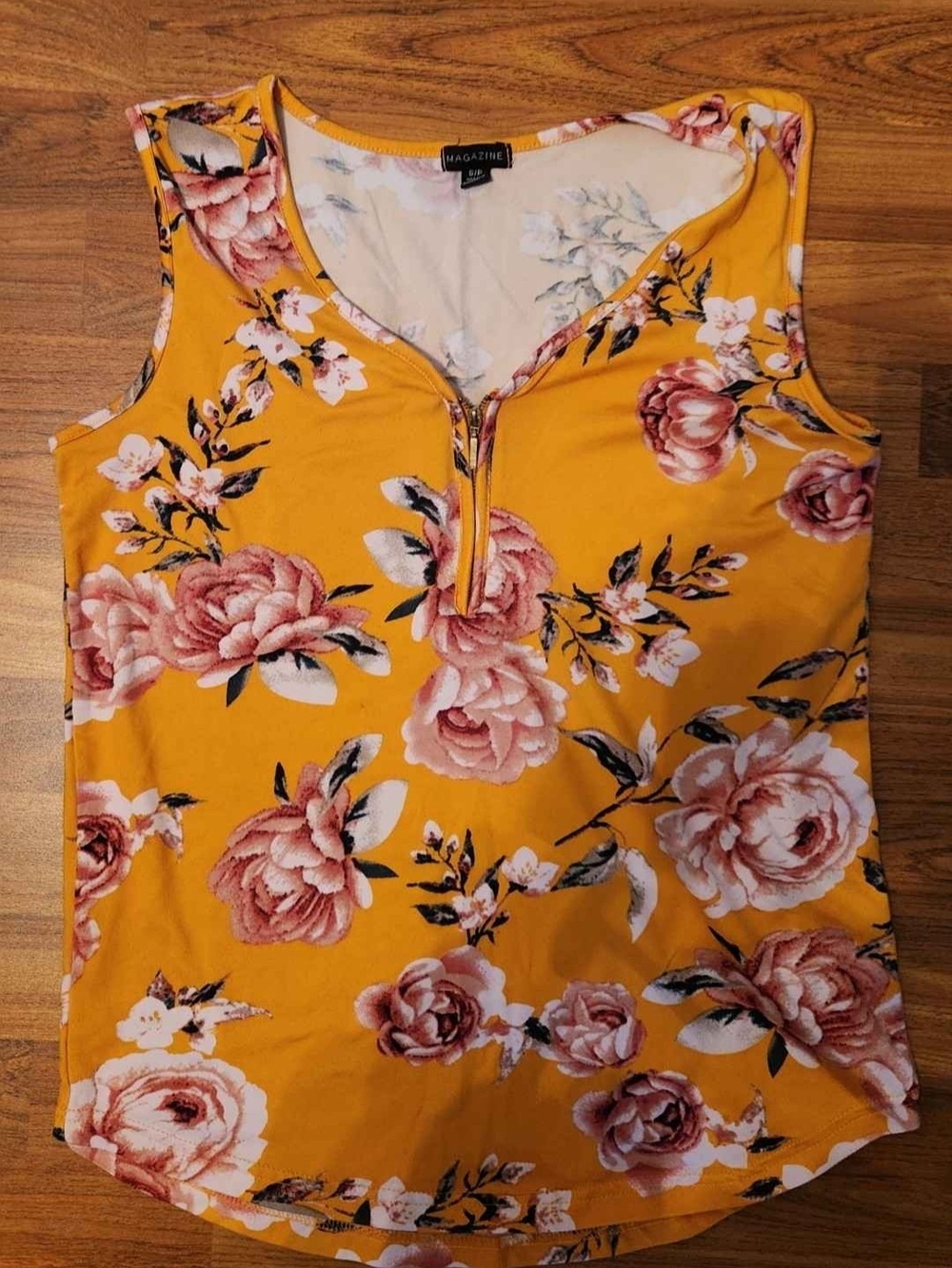 Floral Zip-Front Sleeveless Top - Mustard Yellow